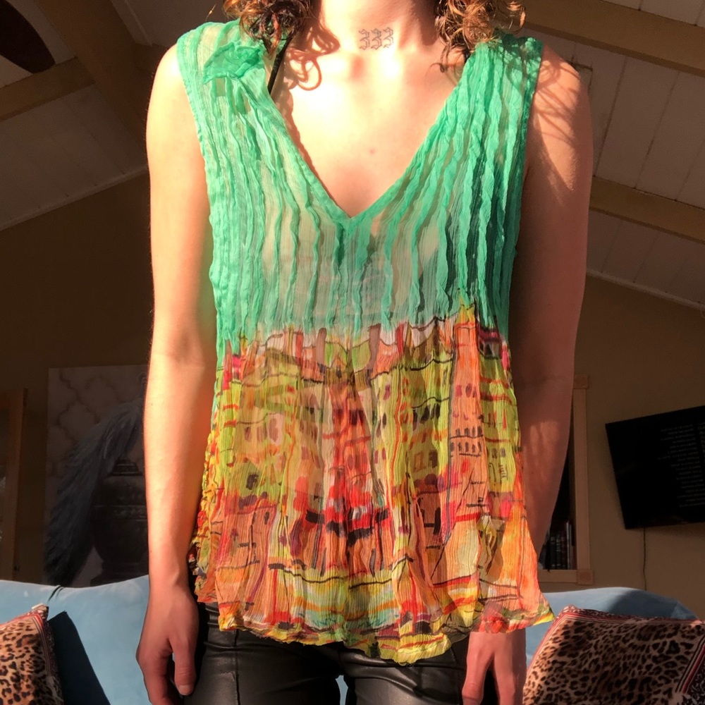 Graphic print mesh top